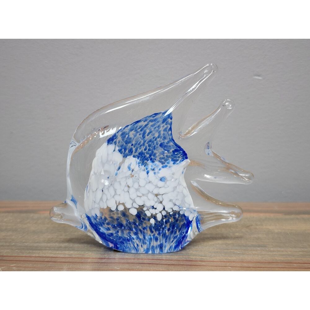 Art Glass Angel Fish Figurine Paperweight Blue and White